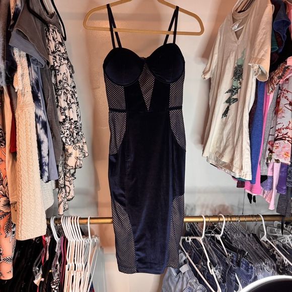 Papaya‎ Velvet Bustier BodyCon Dress Blue Velvet With Mesh Accents Size Large - Picture 5 of 9